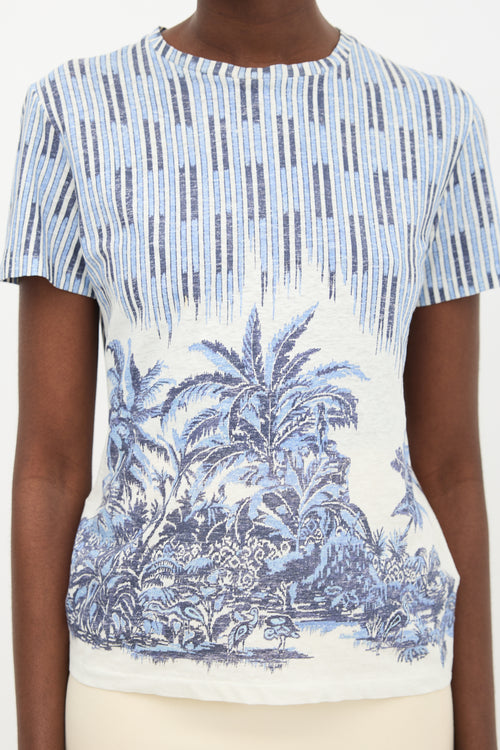 Christian Dior White 
Blue Striped Palm Tree T-Shirt