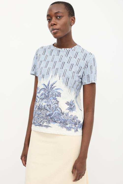 Christian Dior White 
Blue Striped Palm Tree T-Shirt