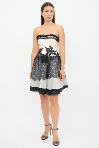 Christian Lacroix Cream 
Black Lace Bustier Dress