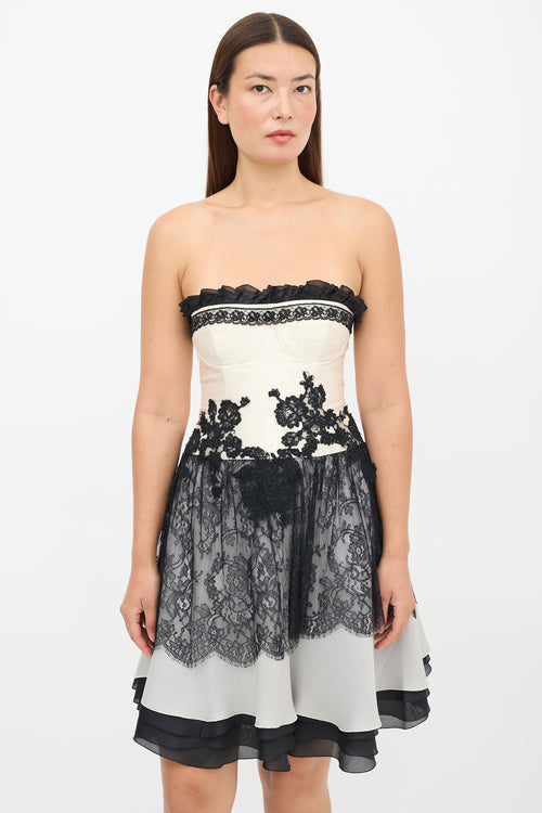 Christian Lacroix Cream 
Black Lace Bustier Dress