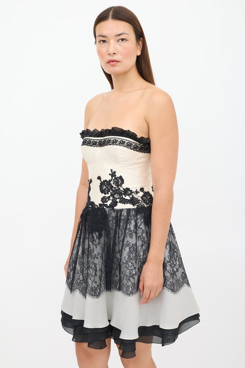 Christian Lacroix Cream 
Black Lace Bustier Dress