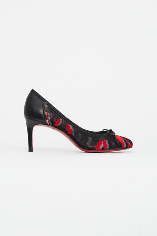 Christian Louboutin Black 
Red Mesh Lip Print Pump