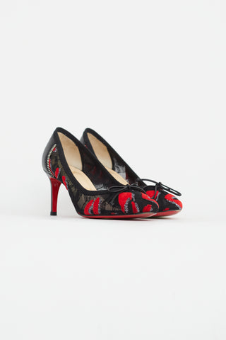 Christian Louboutin Black 
Red Mesh Lip Print Pump