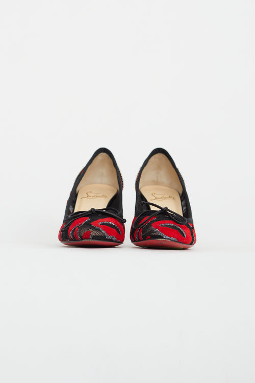 Christian Louboutin Black 
Red Mesh Lip Print Pump