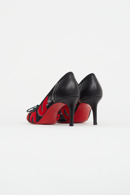 Christian Louboutin Black 
Red Mesh Lip Print Pump