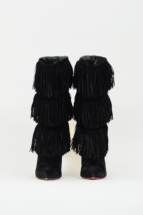 Christian Louboutin Black Suede Forever Tina Fringe Boot