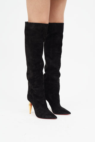 Christian Louboutin Black Suede 
Gold Lipbotta Boot