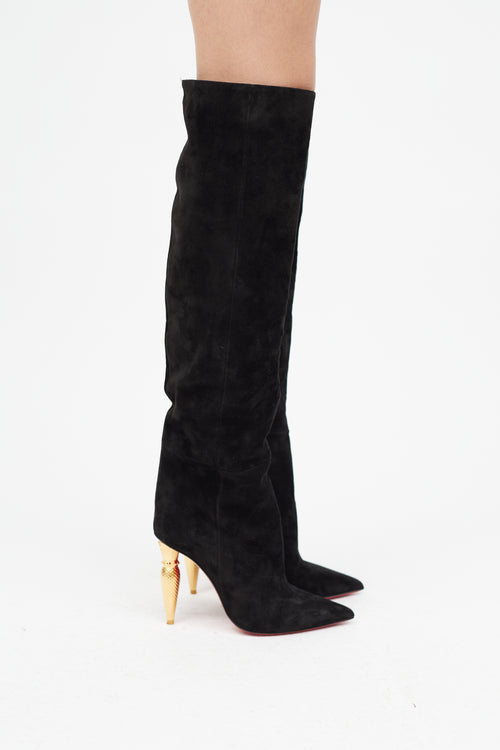 Christian Louboutin Black Suede 
Gold Lipbotta Boot