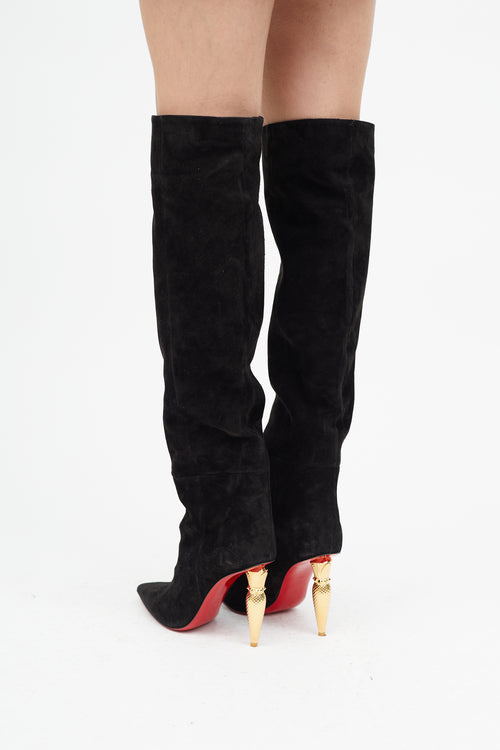 Christian Louboutin Black Suede 
Gold Lipbotta Boot