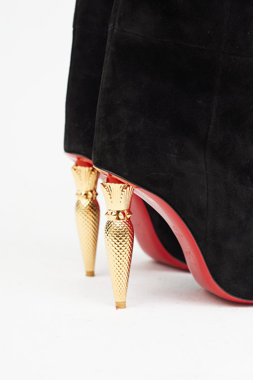 Christian Louboutin Black Suede 
Gold Lipbotta Boot