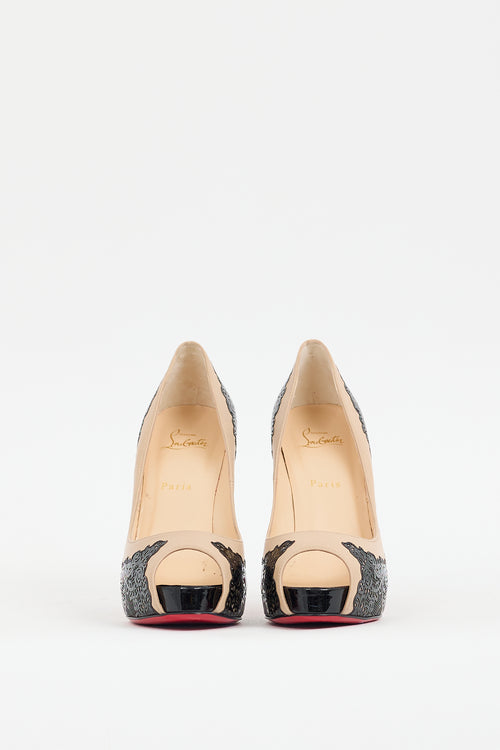 Christian Louboutin Black 
Beige Leather Veramucha Lace Pump