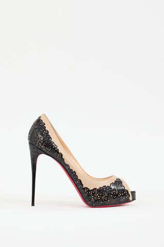 Christian Louboutin Black 
Beige Leather Veramucha Lace Pump