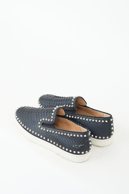 Christian Louboutin Navy Textured Leather Pik Boat Slip On Sneaker