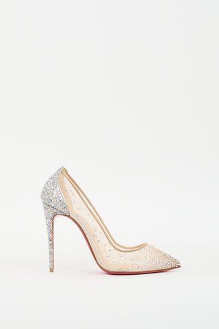 Christian Louboutin Beige 
Silver Glitter Follies Strass 100 Pump