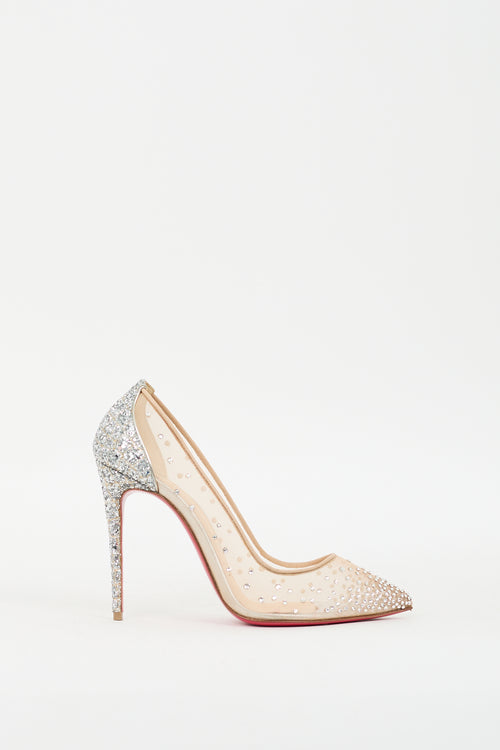 Christian Louboutin Beige 
Silver Glitter Follies Strass 100 Pump