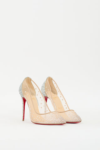 Christian Louboutin Beige 
Silver Glitter Follies Strass 100 Pump