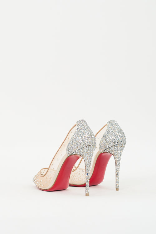 Christian Louboutin Beige 
Silver Glitter Follies Strass 100 Pump