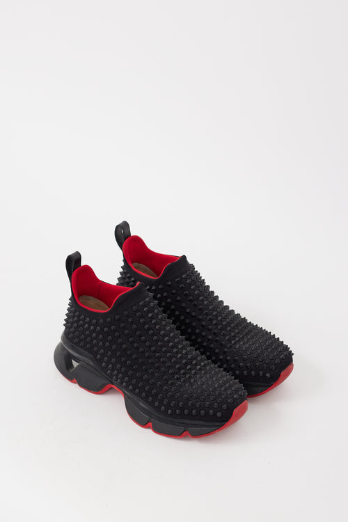 Christian Louboutin Black 
Red Spike Sock Studded Sneaker