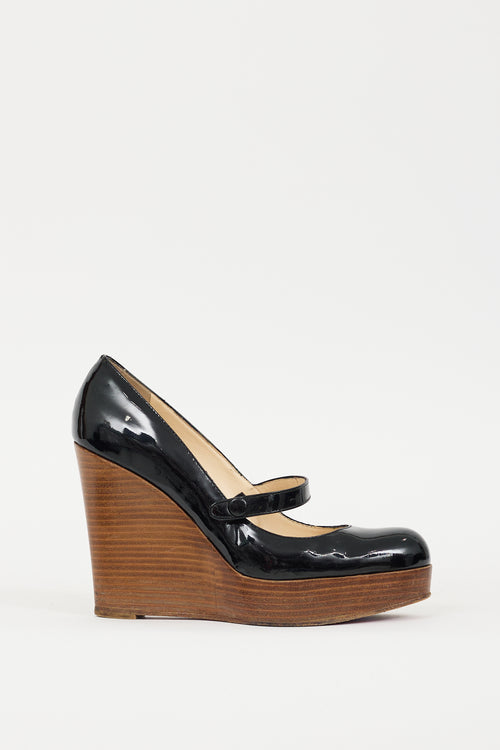 Christian Louboutin Black 
Brown Patent Leather 
Wood Wallis Wedge