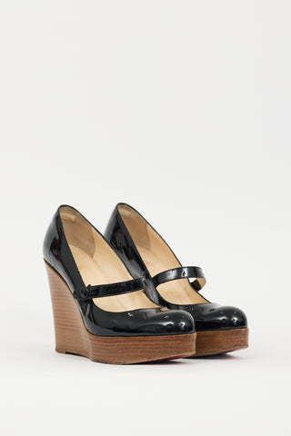 Christian Louboutin Black 
Brown Patent Leather 
Wood Wallis Wedge