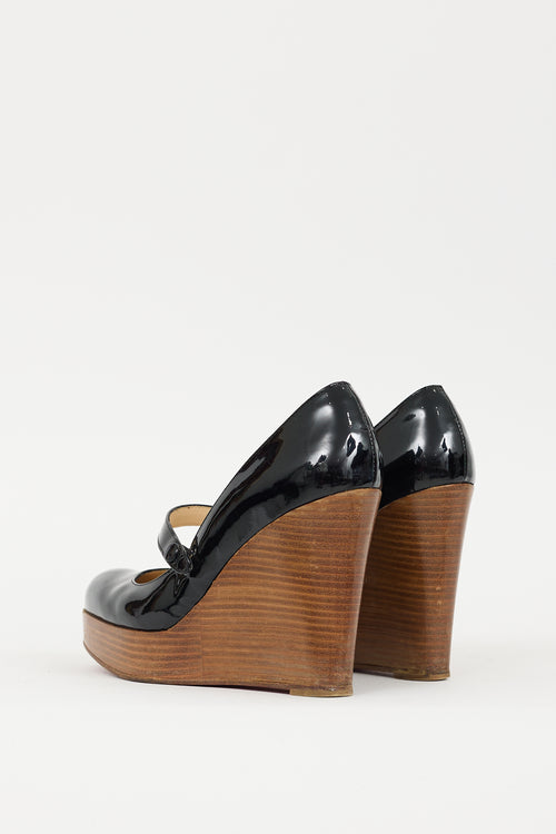 Christian Louboutin Black 
Brown Patent Leather 
Wood Wallis Wedge