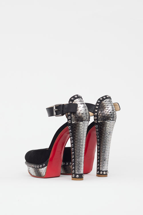 Christian Louboutin Black 
Grey Figurina Textured Leather Heel