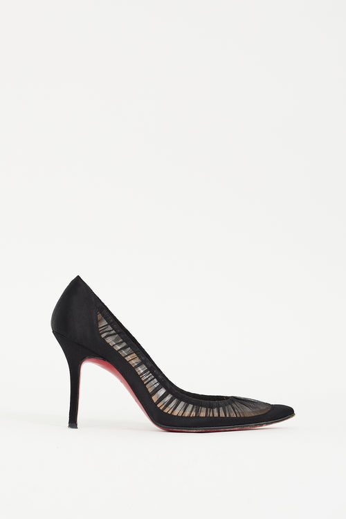 Christian Louboutin Black Satin 
Mesh Ruched Pump