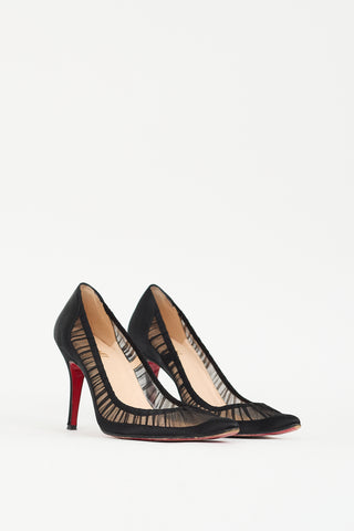 Christian Louboutin Black Satin 
Mesh Ruched Pump