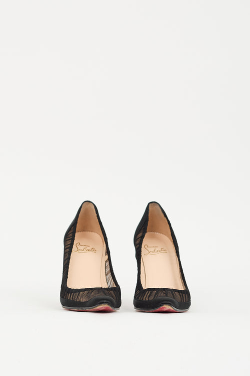 Christian Louboutin Black Satin 
Mesh Ruched Pump