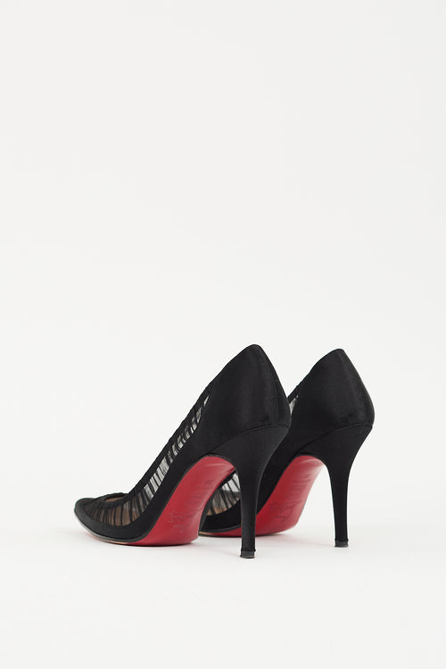 Christian Louboutin Black Satin 
Mesh Ruched Pump