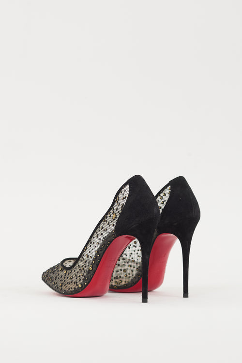 Christian Louboutin Black 
Gold Lace Follies Heel