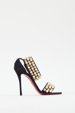 Christian Louboutin Black Suede Pearl Studded Heel