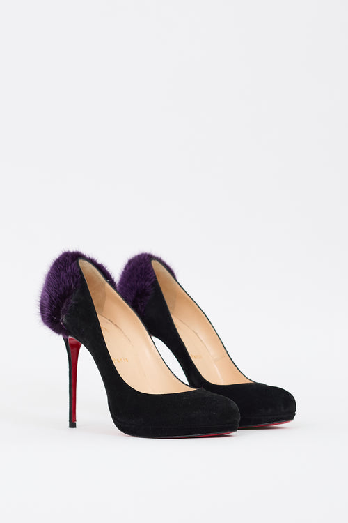 Christian Louboutin Black 
Purple Suede Fur Achilda Pump