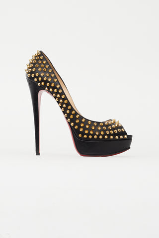 Christian Louboutin Black 
Gold Lady Peep Spike 150 Pump