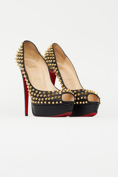 Christian Louboutin Black 
Gold Lady Peep Spike 150 Pump