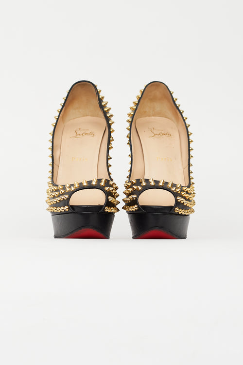 Christian Louboutin Black 
Gold Lady Peep Spike 150 Pump