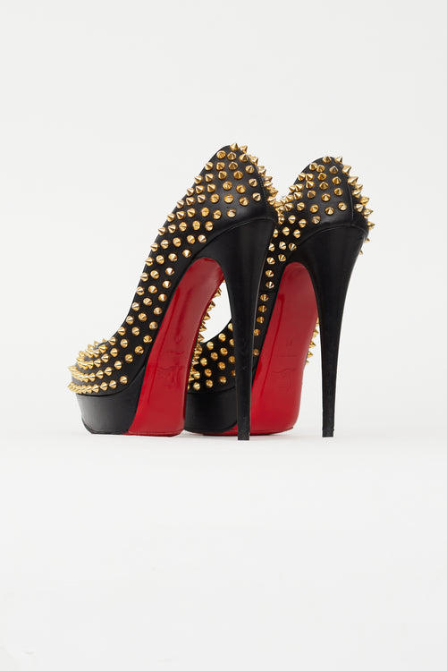 Christian Louboutin Black 
Gold Lady Peep Spike 150 Pump