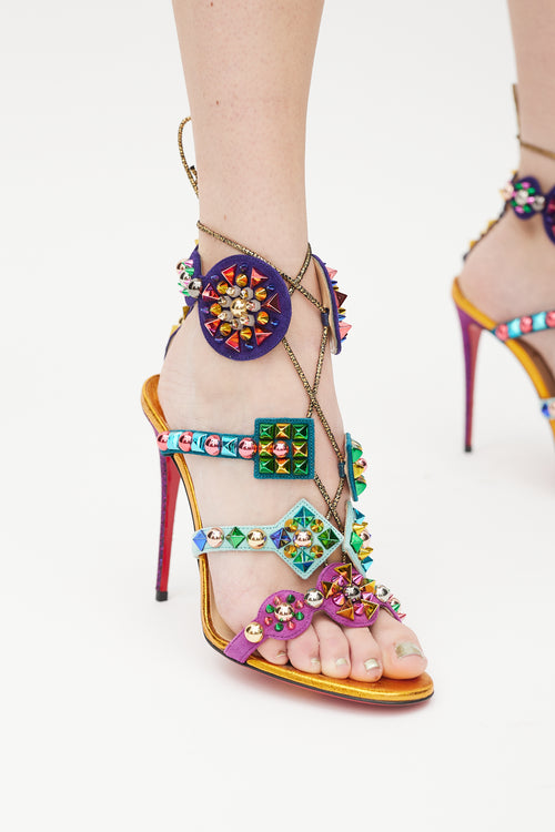 Christian Louboutin Orange 
Multicolour Kaleikita Metallic Studded Sandal