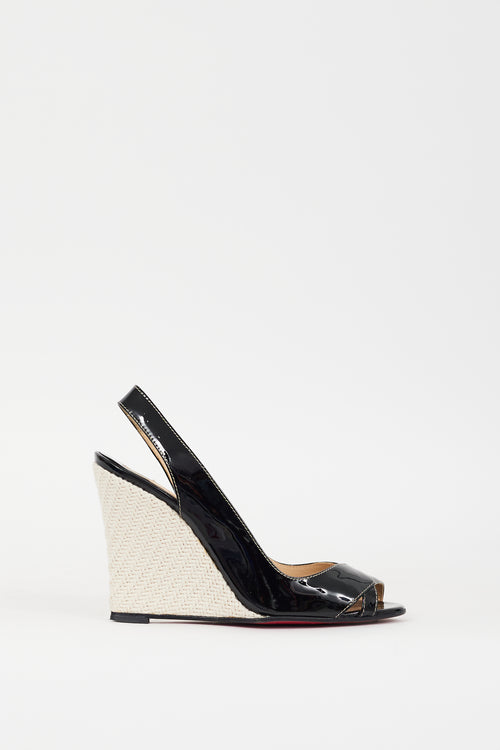 Christian Louboutin Black 
Cream Patent Leather Slingback Wedge