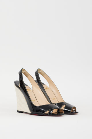 Christian Louboutin Black 
Cream Patent Leather Slingback Wedge