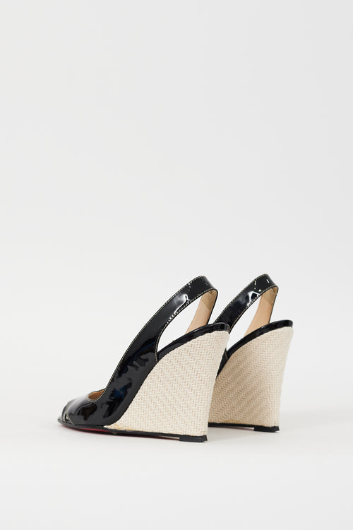 Christian Louboutin Black 
Cream Patent Leather Slingback Wedge