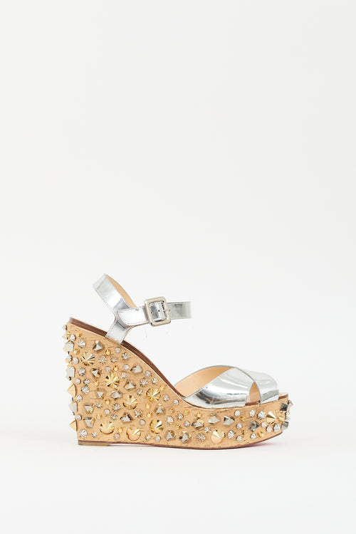 Christian Louboutin Gold 
Silver Almeria Studded Wedge Sandal