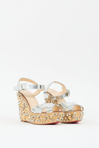 Christian Louboutin Gold 
Silver Almeria Studded Wedge Sandal