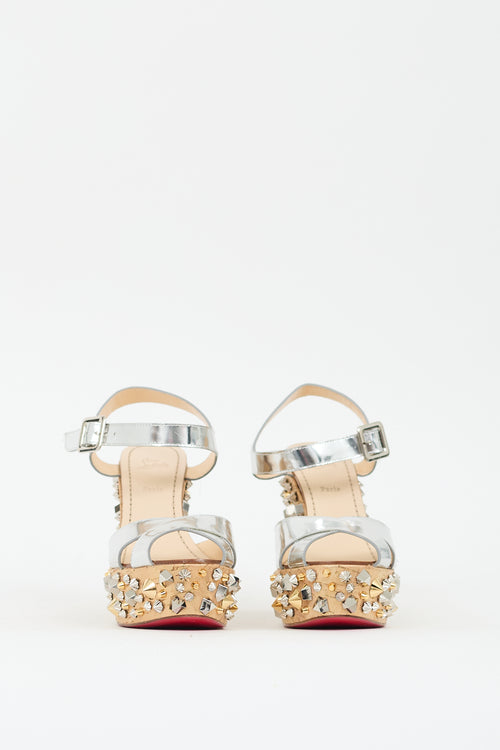 Christian Louboutin Gold 
Silver Almeria Studded Wedge Sandal