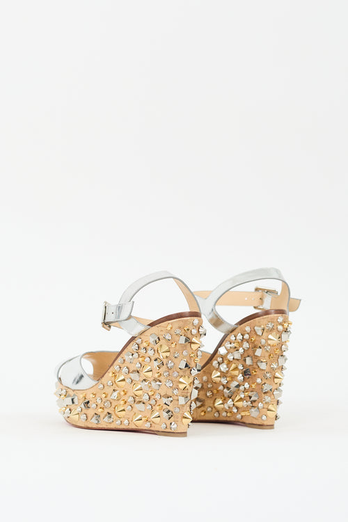 Christian Louboutin Gold 
Silver Almeria Studded Wedge Sandal