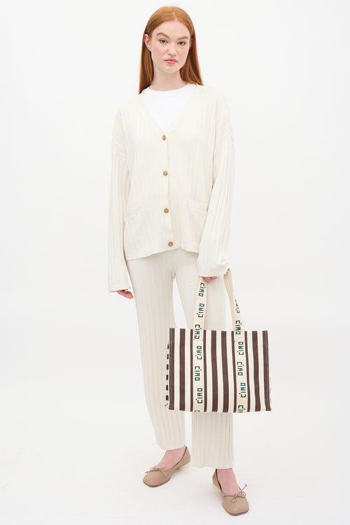 Clare V. Beige 
Brown Canvas Noemie Embroidered Striped Tote Bag