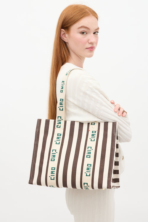 Clare V. Beige 
Brown Canvas Noemie Embroidered Striped Tote Bag