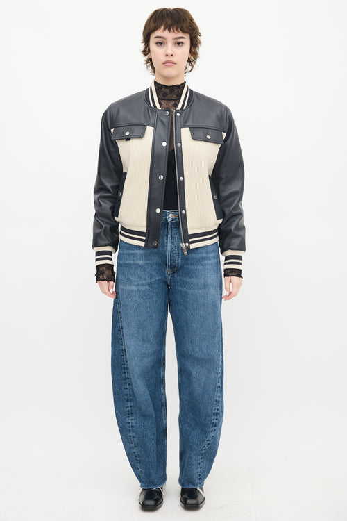 Claudie Pierlot Cream Knit 
Black Leather Panelled Varsity Jacket