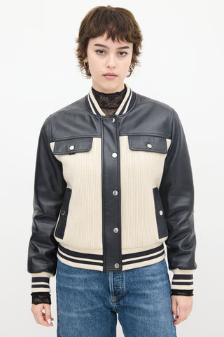 Claudie Pierlot Cream Knit 
Black Leather Panelled Varsity Jacket