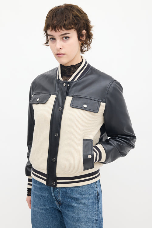 Claudie Pierlot Cream Knit 
Black Leather Panelled Varsity Jacket